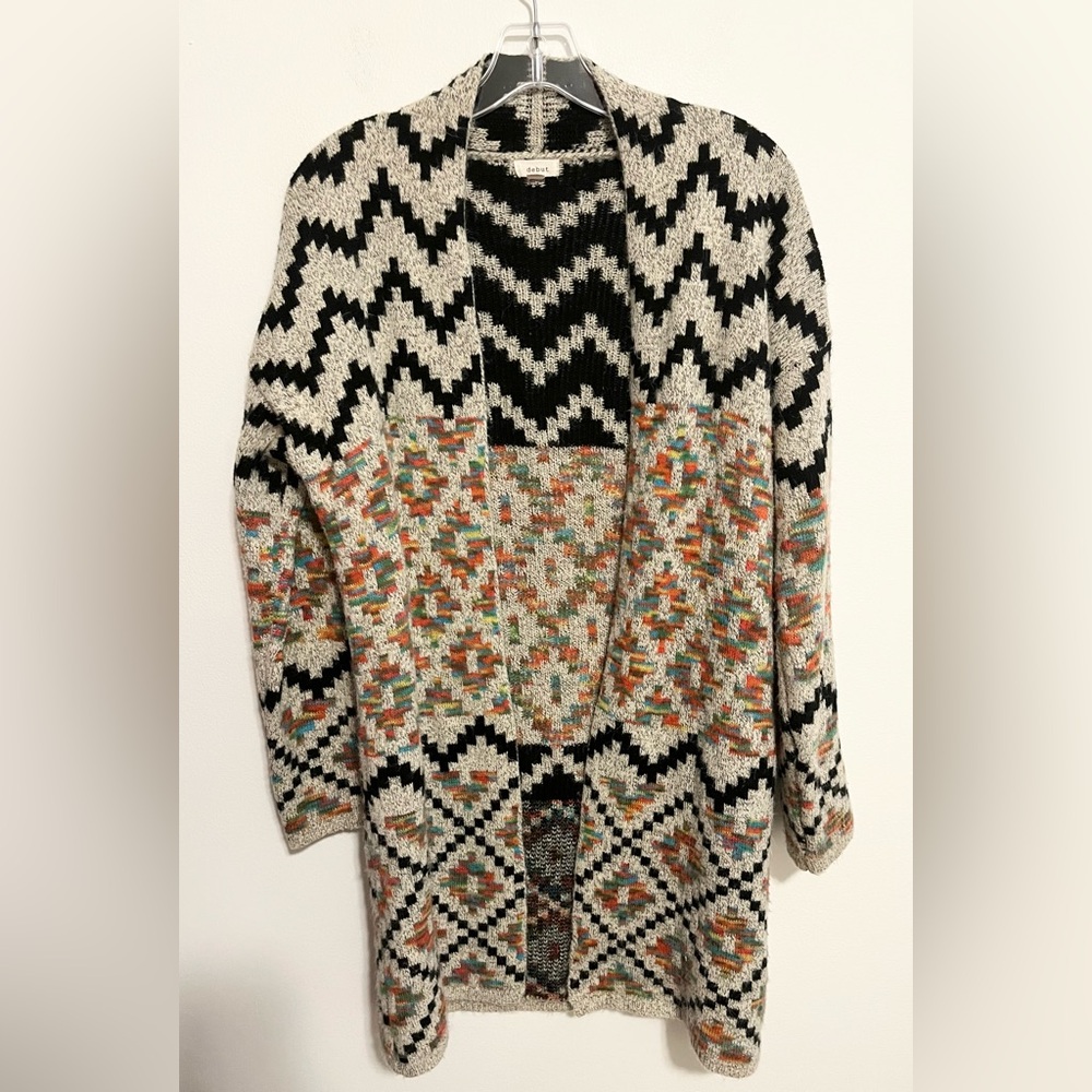 Debut Southwestern Print Sweater Cardigan Open Front Duster. Tan/Black Sz Small